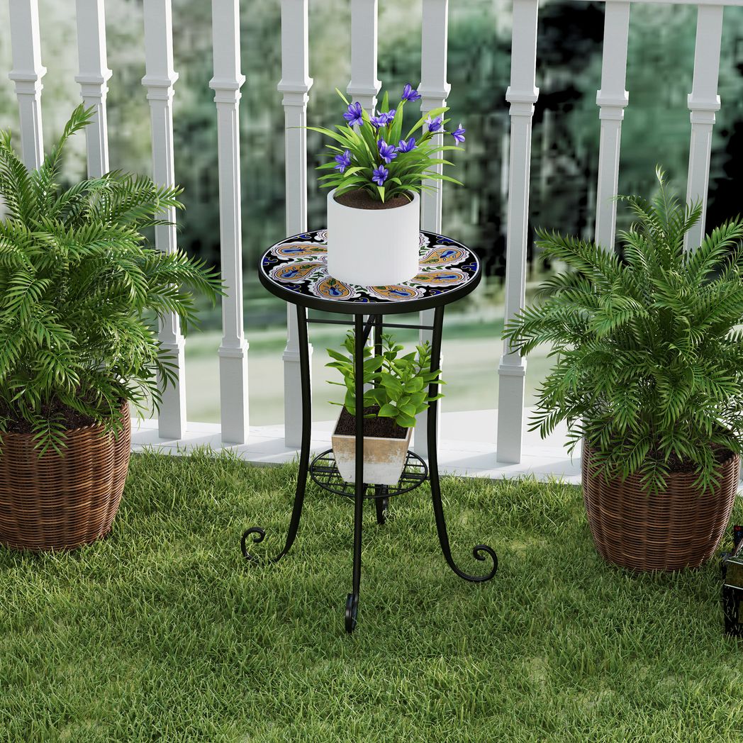 Outsunny 35.5cm Round Mosaic Garden Side Table Plant Stand w/ Shelf