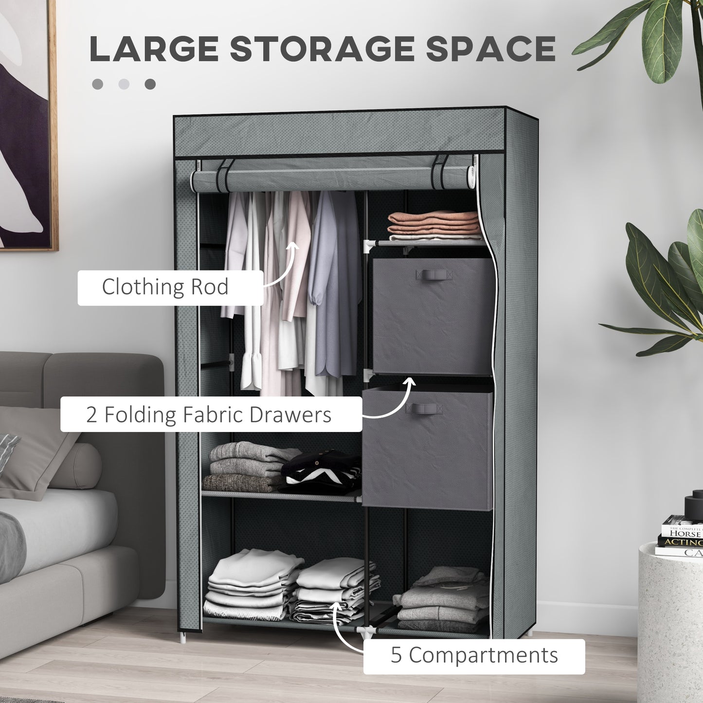 HOMCOM Fabric Portable Wardrobe with 2 Fabric Drawers, Hanging Rail, Grey