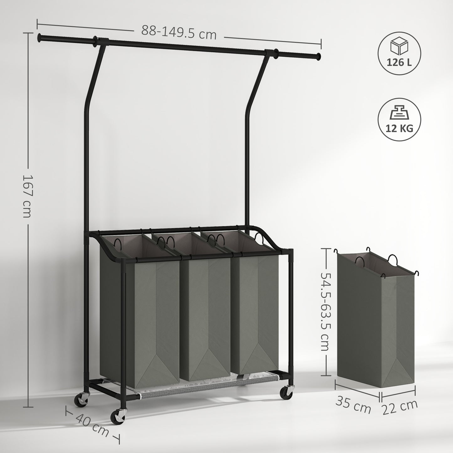 HOMCOM 126L Laundry Sorter, Laundry Basket with 3-Bag Organiser, Dark Grey