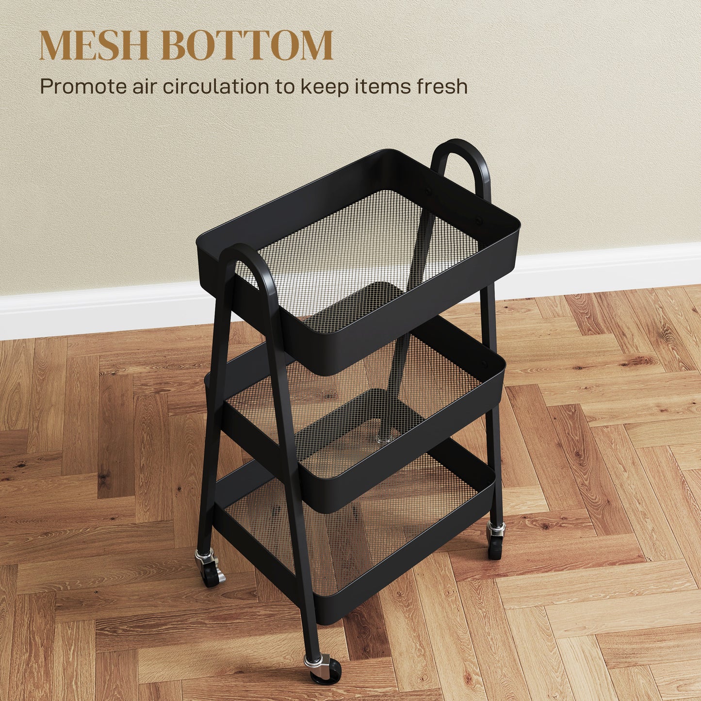HOMCOM 3-Tier Rolling Utility Cart Kitchen Storage Trolley on Wheels Black
