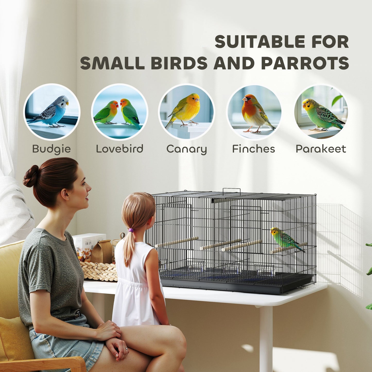 PawHut Bird Cage with Divider, 4 Wooden Perches, Slide Out Tray, Black