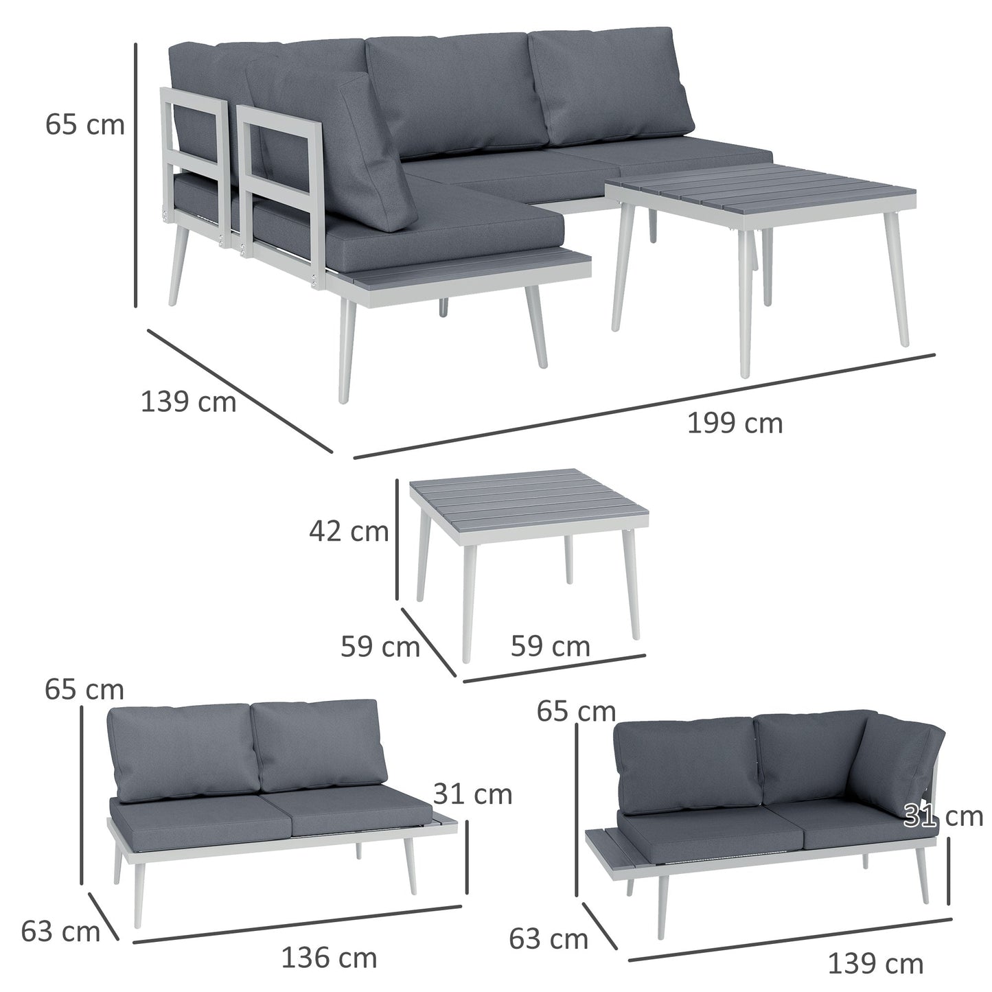 Outsunny 3 Piece Garden Furniture Set with 5-Level Adjustable Lounger, Grey