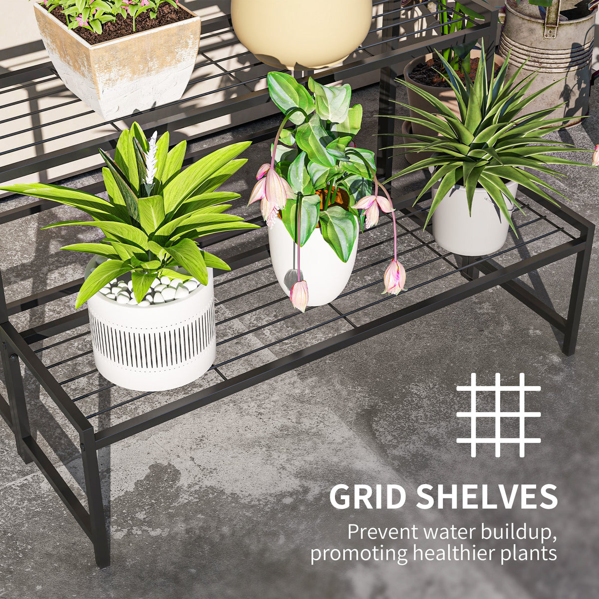 Outsunny 3-Tier Metal Plant Stand, Modern Ladder Shelf for Garden, Black