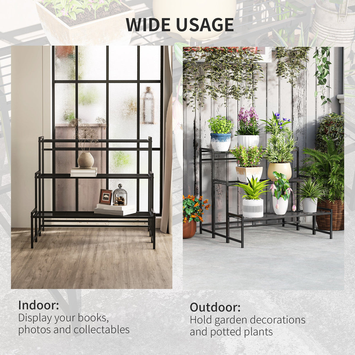 Outsunny 3-Tier Metal Plant Stand, Modern Ladder Shelf for Garden, Black