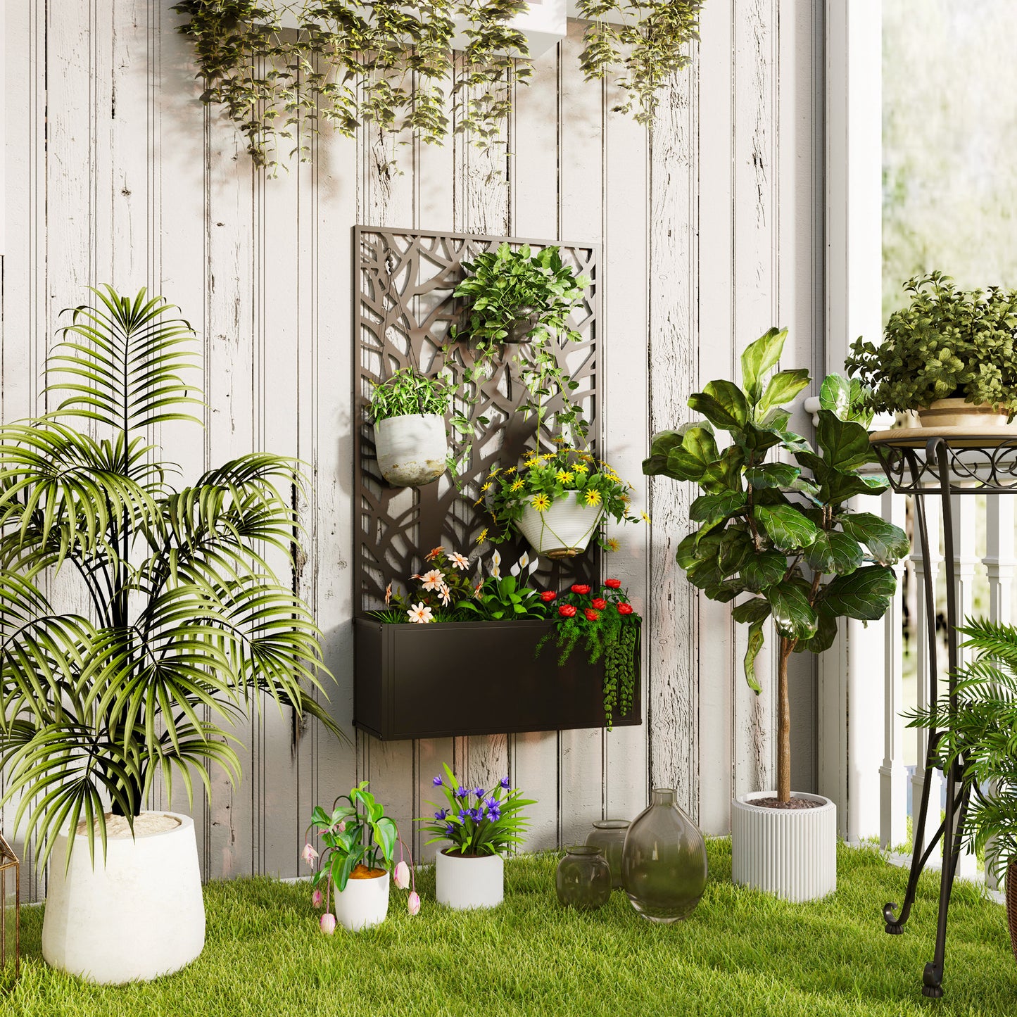 Outsunny Metal Raised Garden Bed with Trellis, Outdoor Elevated Planter Box