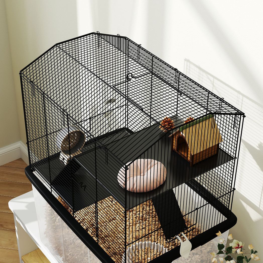 PawHut Hamster Cage, Three-Tier Gerbil Cage w/ Deep Bottom, Ramp, Food Dish