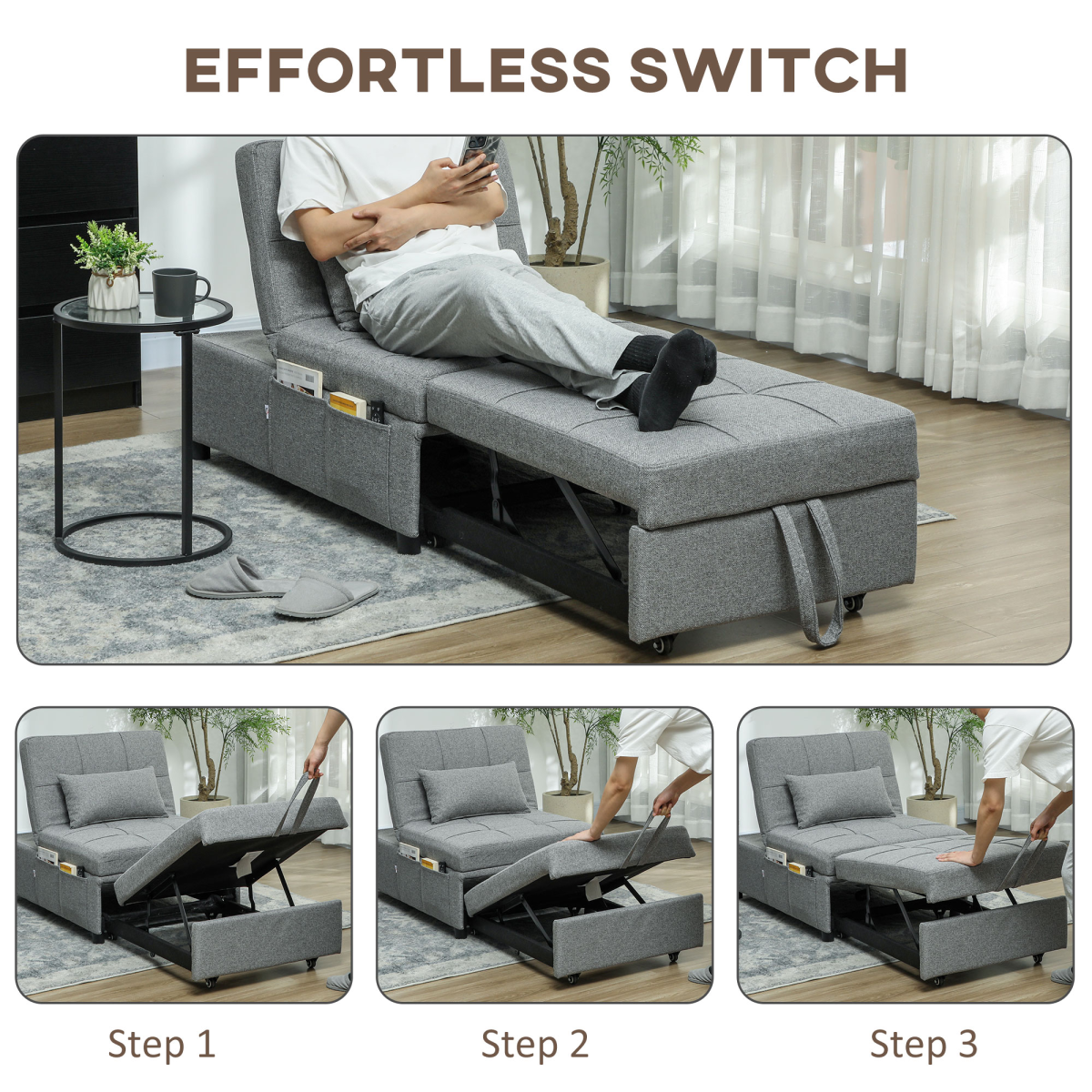HOMCOM 4-in-1 Pull Out Sleeper Chair Bed with Pockets