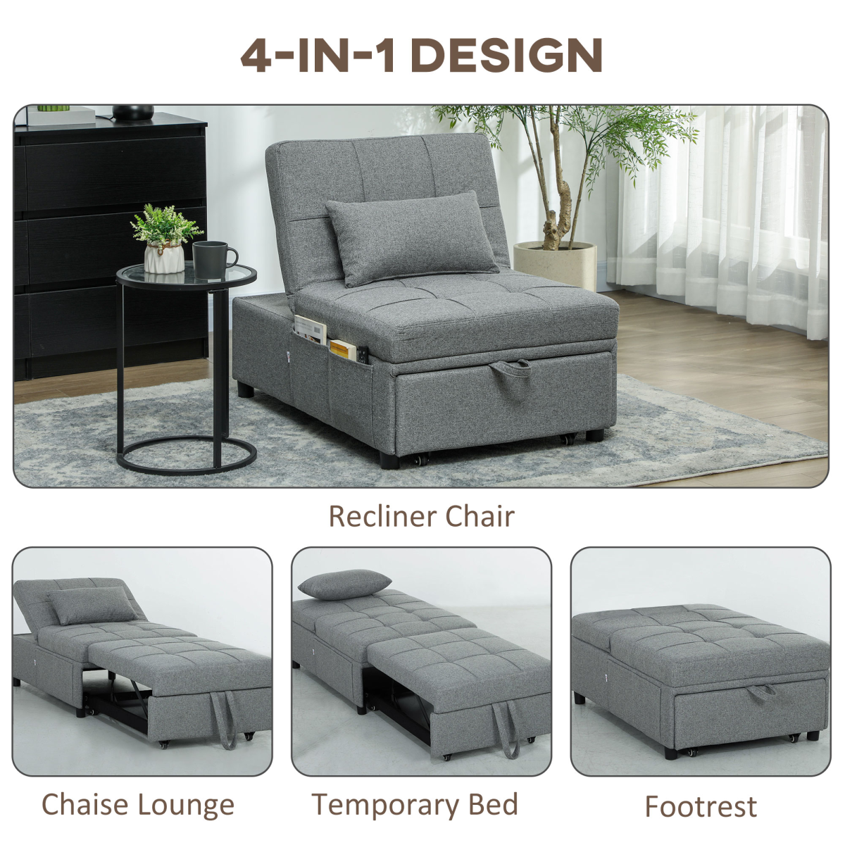 HOMCOM 4-in-1 Pull Out Sleeper Chair Bed with Pockets