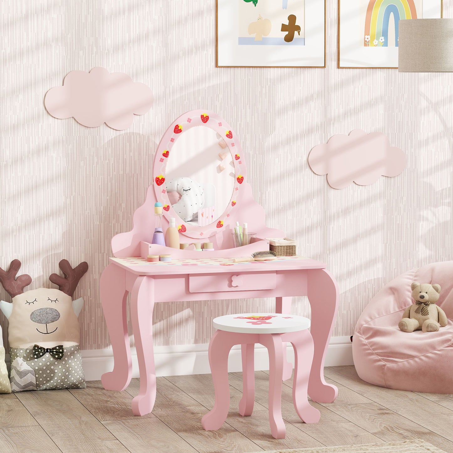 AIYAPLAY Kids Dressing Table Set, 2 PCS Children Vanity Table with Stool