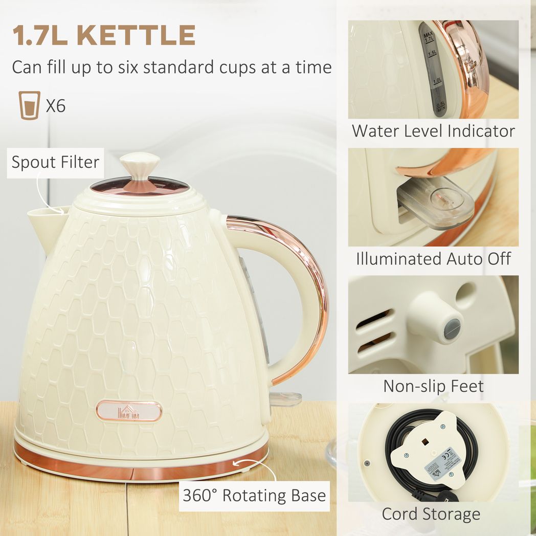 HOMCOM Kettle and Toaster Set 1.7L Fast Boil Kettle & 2 Slice Toaster Set