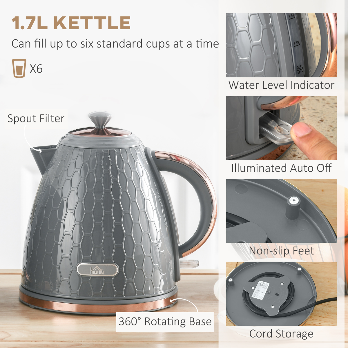 HOMCOM Kettle and Toaster Set 1.7L Fast Boil Kettle & 2 Slice Toaster Set