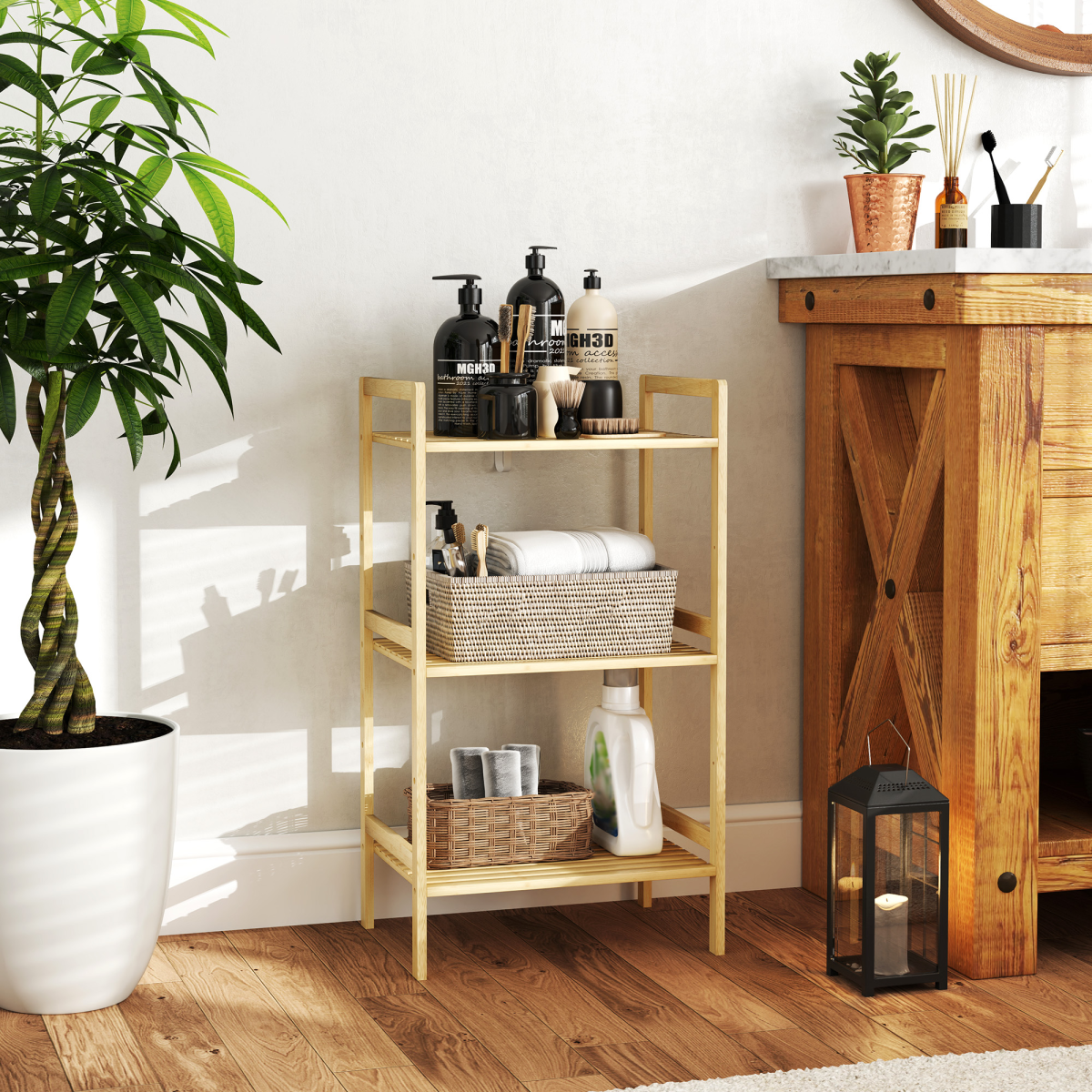 HOMCOM 3-Tier Bamboo Bathroom Storage Shelf with Adjustable Rack