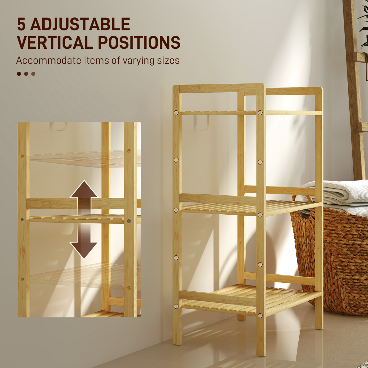 HOMCOM 3-Tier Bamboo Bathroom Storage Shelf with Adjustable Rack