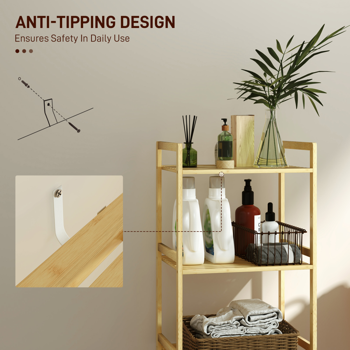HOMCOM 3-Tier Bamboo Bathroom Storage Shelf with Adjustable Rack