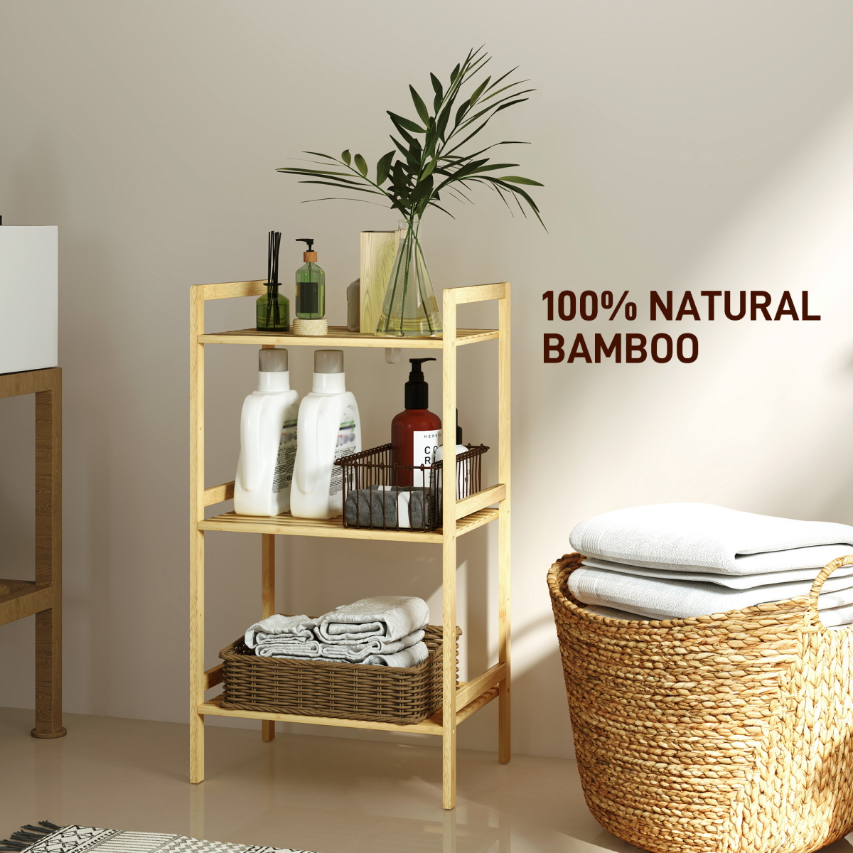 HOMCOM 3-Tier Bamboo Bathroom Storage Shelf with Adjustable Rack