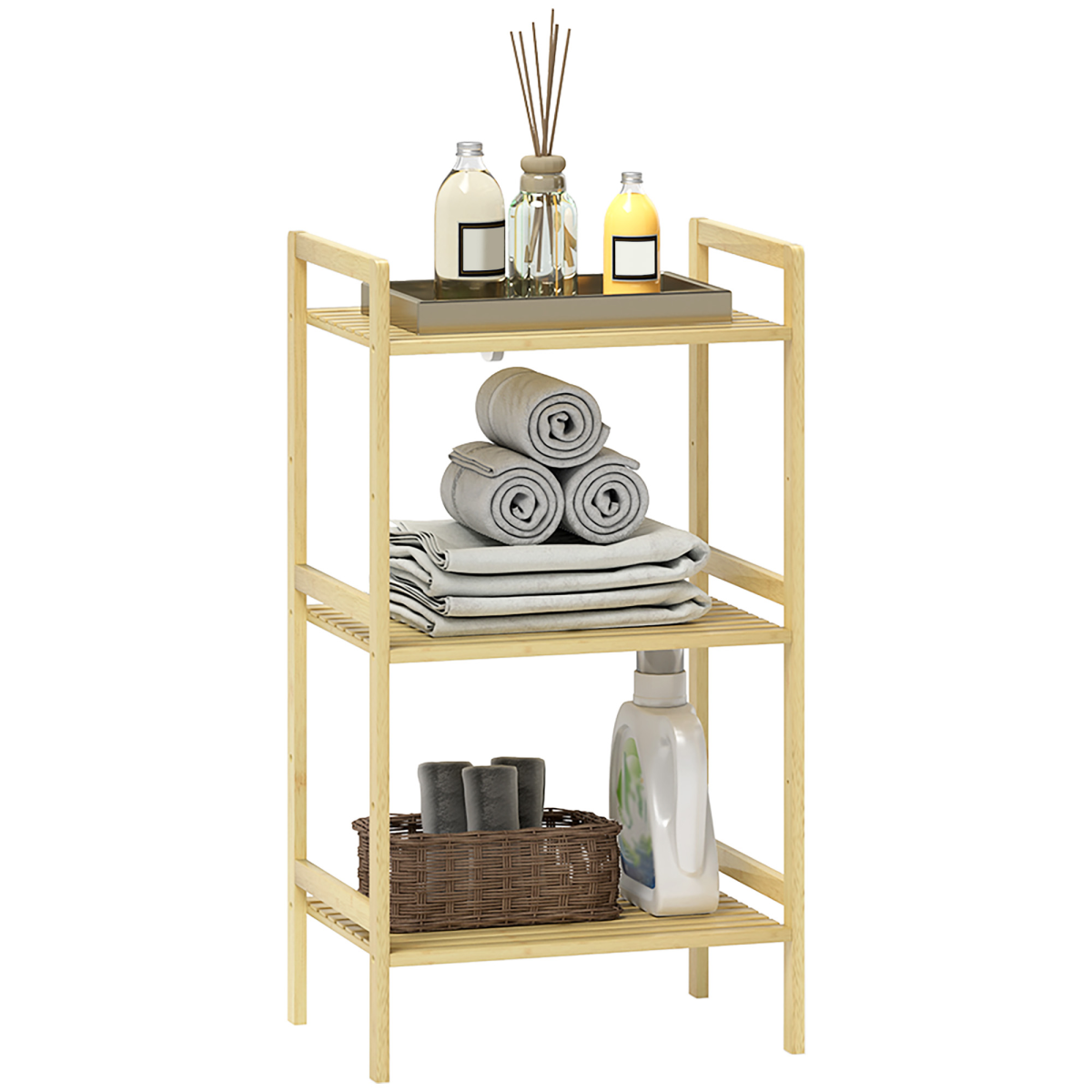 HOMCOM 3-Tier Bamboo Bathroom Storage Shelf with Adjustable Rack