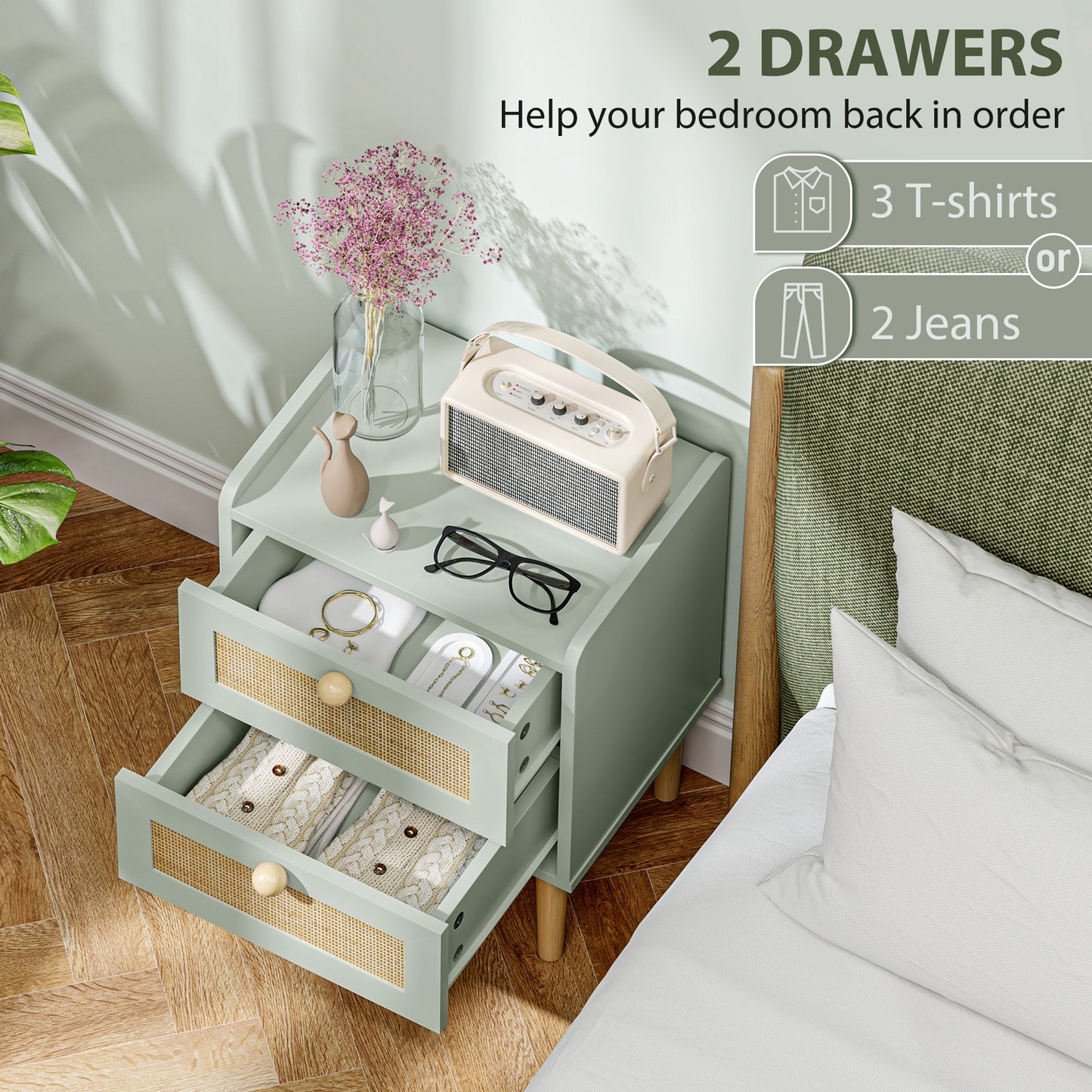 HOMCOM Boho Rattan Bedroom Chest of Drawers, 2 Drawer Dressers, Olive Green