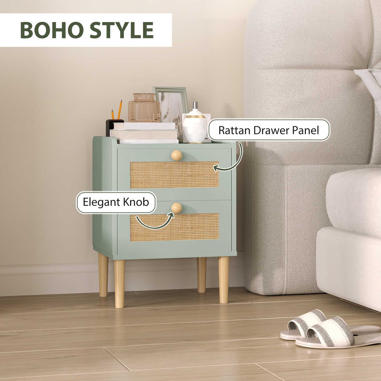 HOMCOM Boho Rattan Bedroom Chest of Drawers, 2 Drawer Dressers, Olive Green