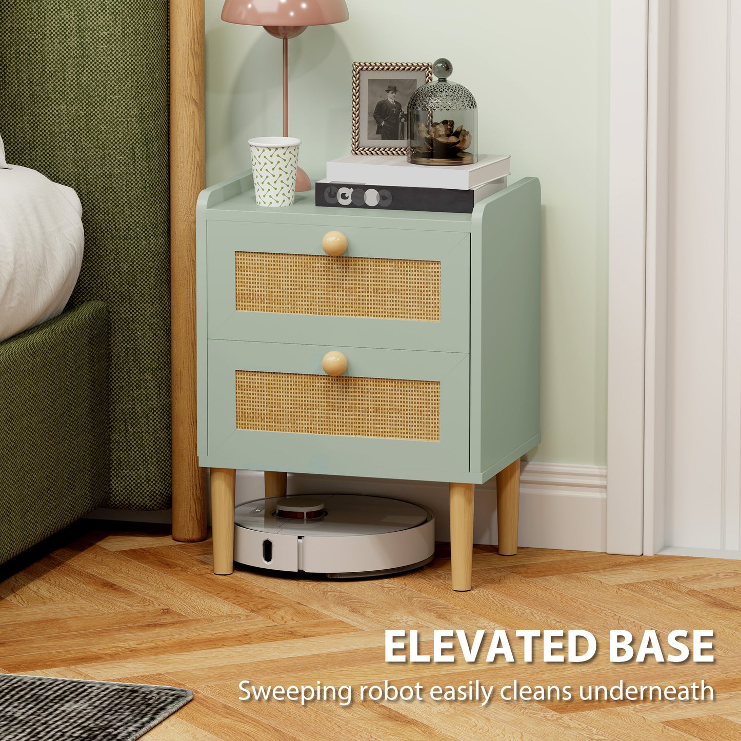 HOMCOM Boho Rattan Bedroom Chest of Drawers, 2 Drawer Dressers, Olive Green