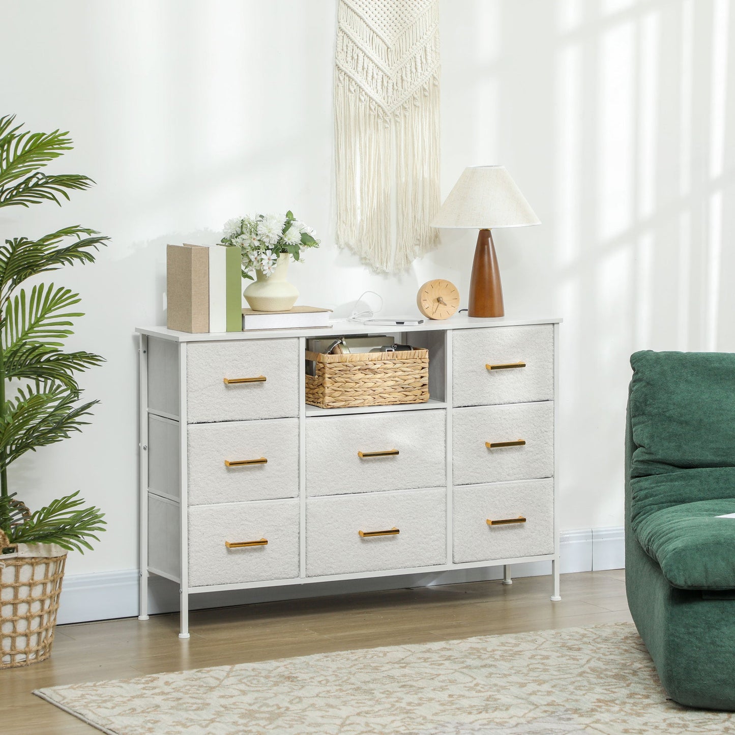 HOMCOM Boucle Chest of Drawers, 2 USB & 2 AC Ports, 8 Drawers Dresser