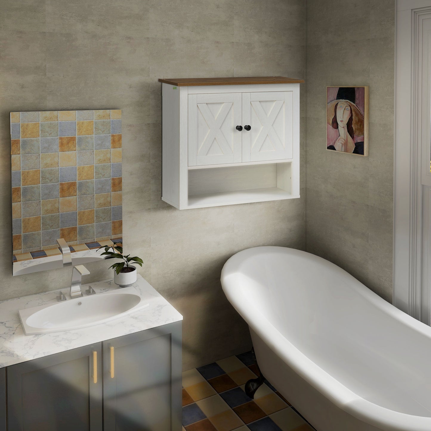 kleankin Farmhouse Bathroom Wall Cabinet with Shelves, Ash Wood-Effect