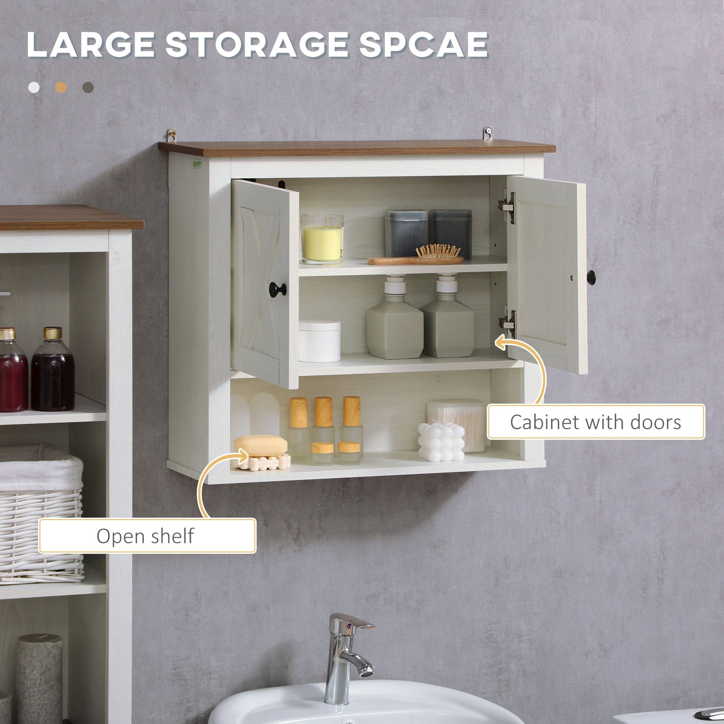 kleankin Farmhouse Bathroom Wall Cabinet with Shelves, Ash Wood-Effect