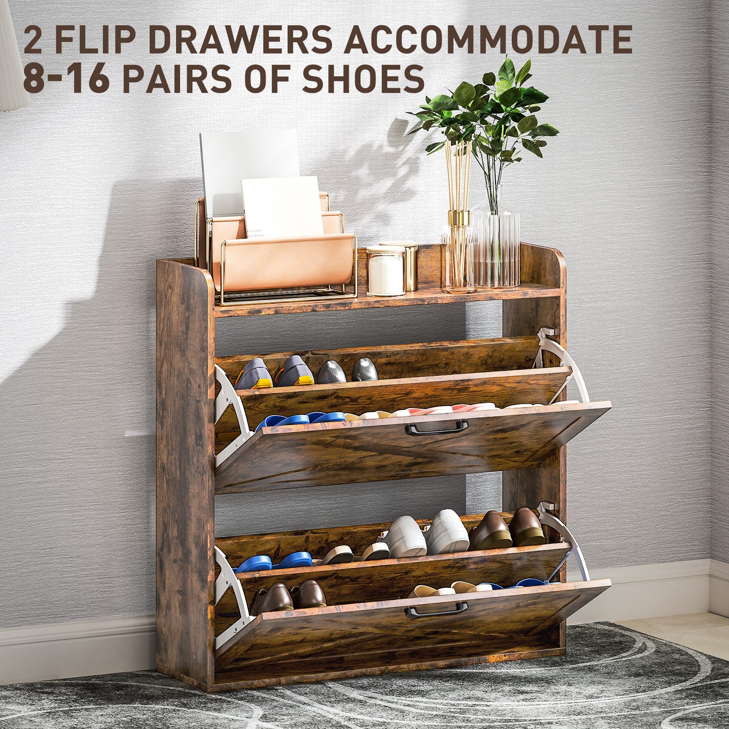 HOMCOM Narrow Shoe Cabinet Farmhouse Slim Shoe Storage Cabinet Rustic Brown