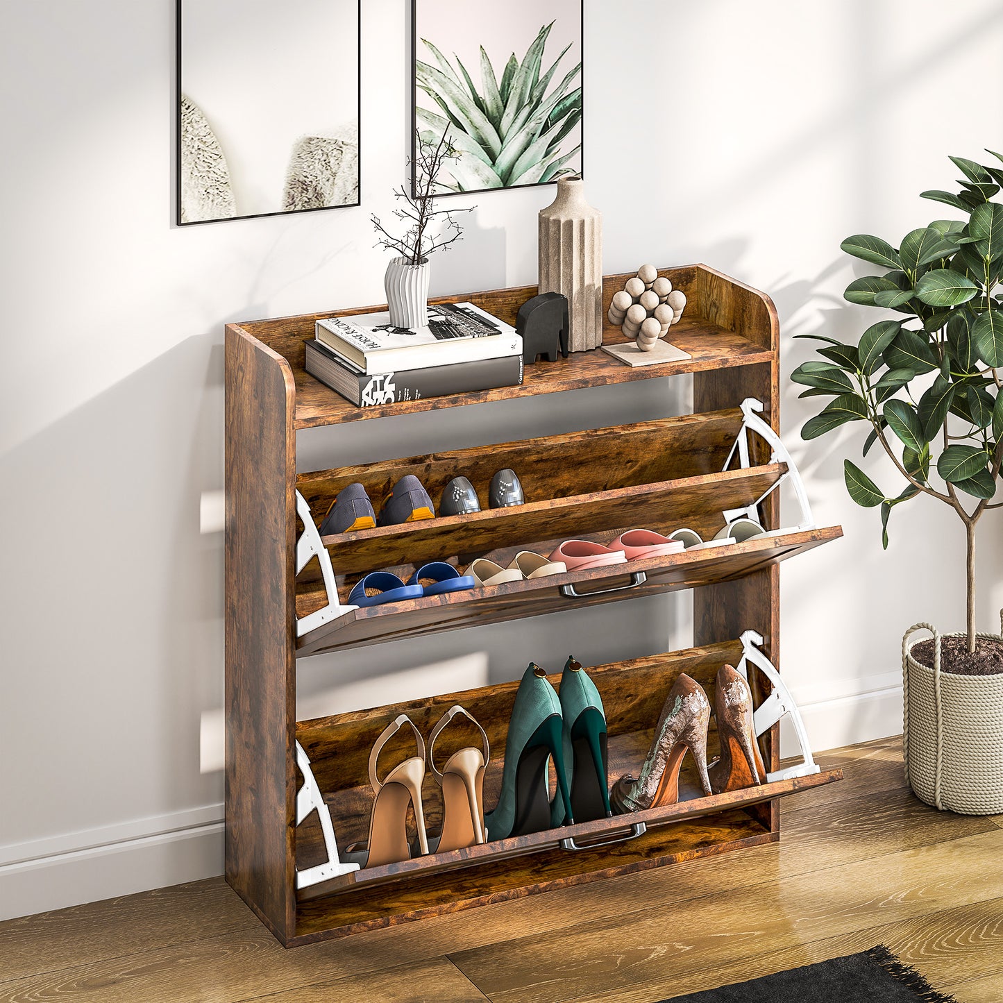 HOMCOM Narrow Shoe Cabinet Farmhouse Slim Shoe Storage Cabinet Rustic Brown