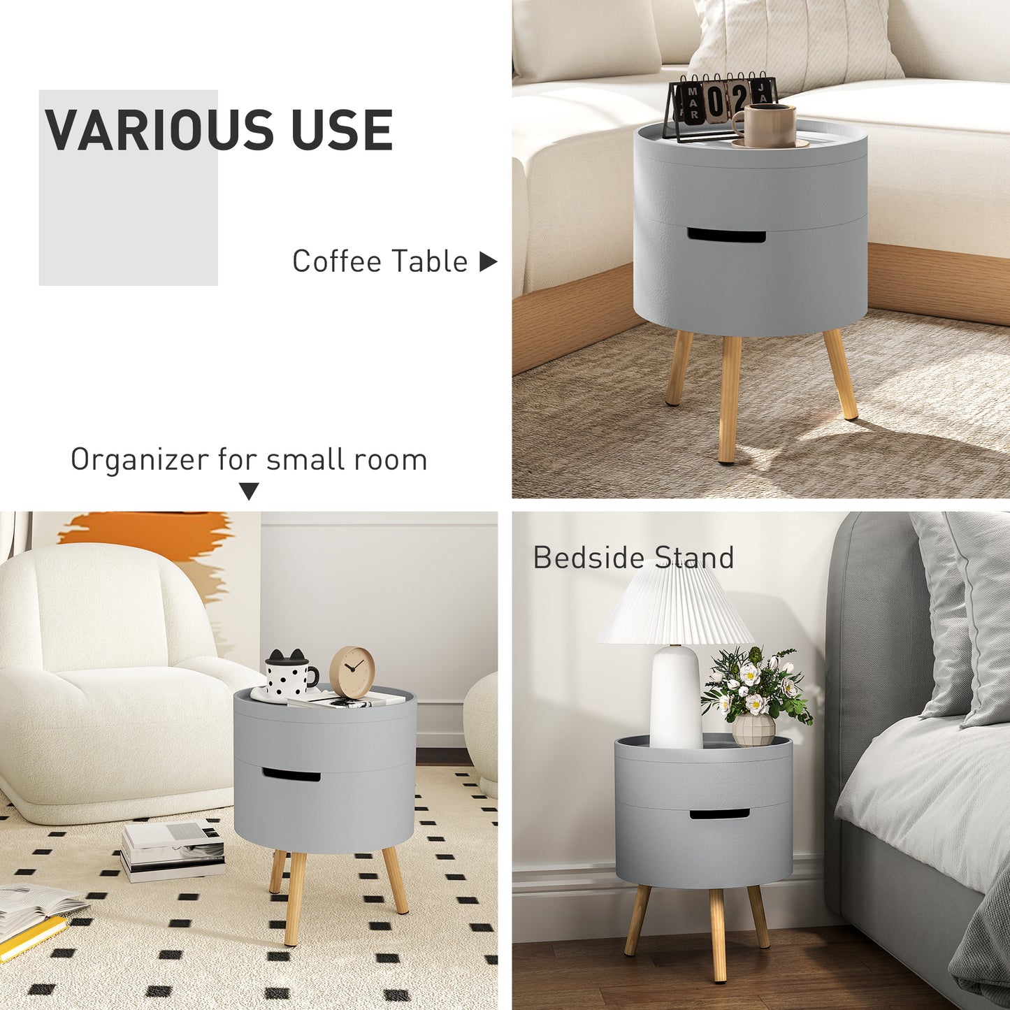 HOMCOM Side Coffee Table End Desk Night Stand w/ Detachable Tray, Grey