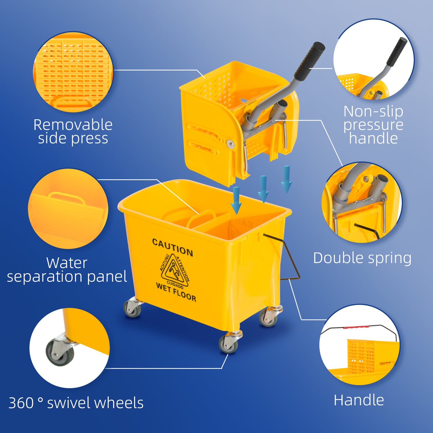 HOMCOM 20L Mop Bucket with Wringer Handle on Wheels for Cleaning Yellow