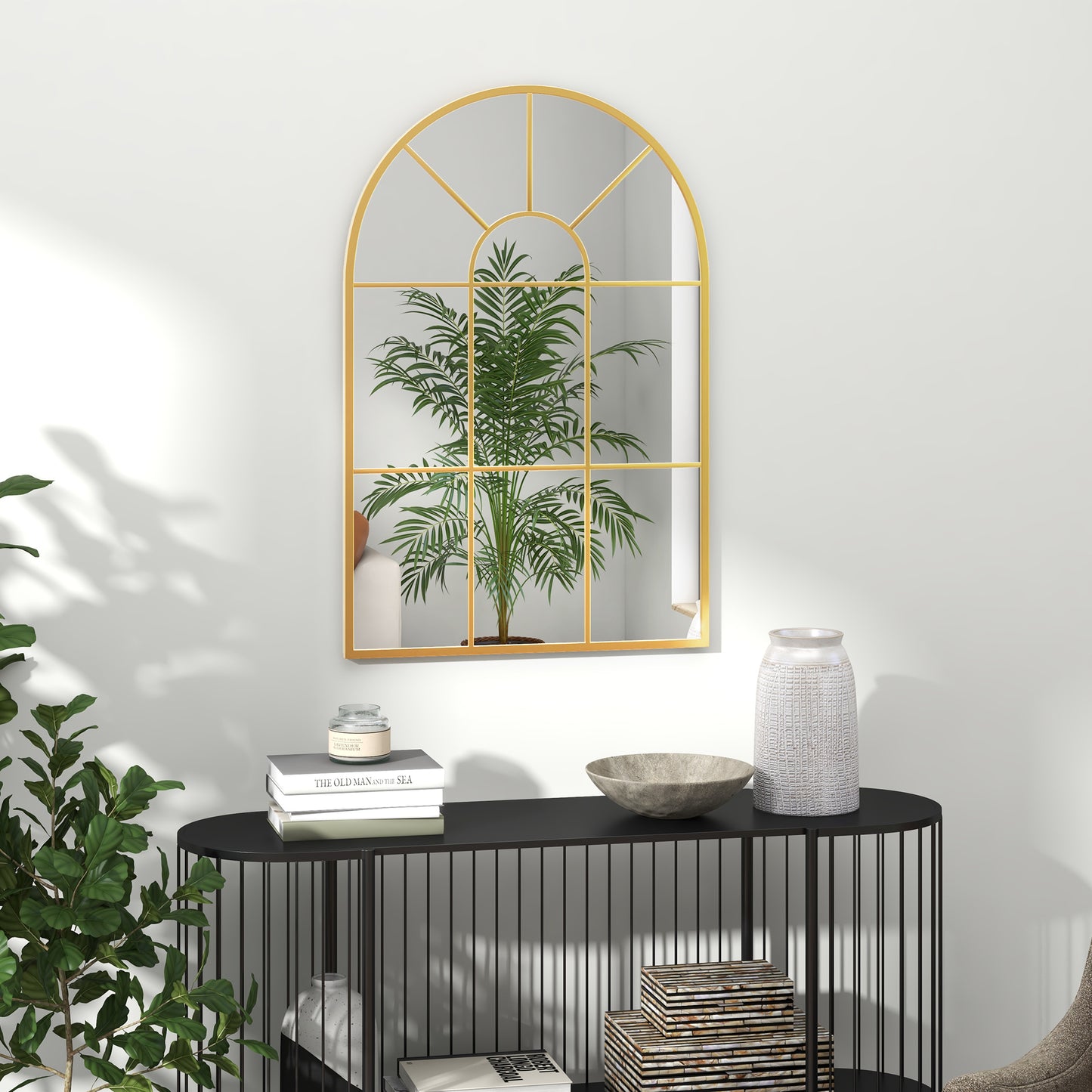 HOMCOM Modern Arched Window Wall Mirror for Bedroom, 91x60cm, Gold Tone