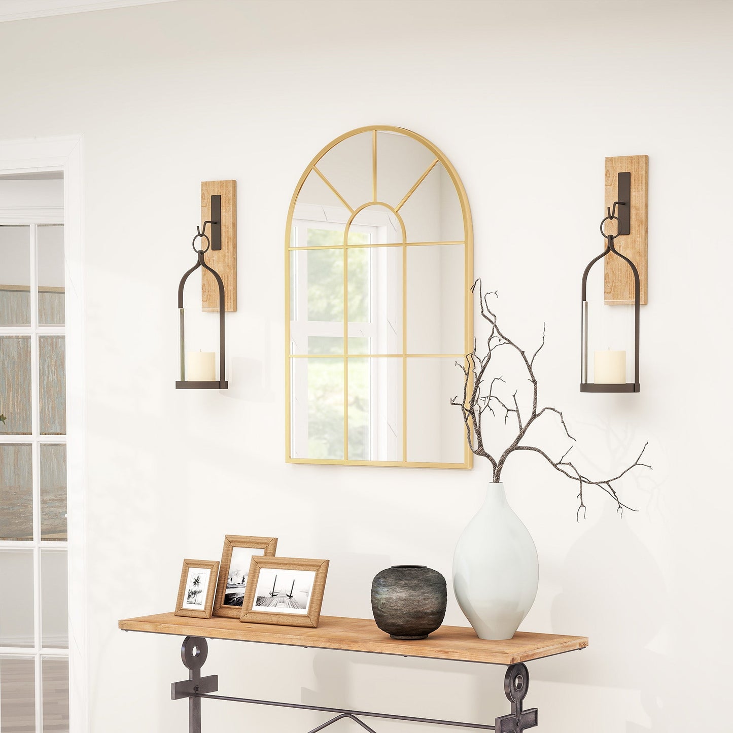 HOMCOM Modern Arched Window Wall Mirror for Bedroom, 91x60cm, Gold Tone