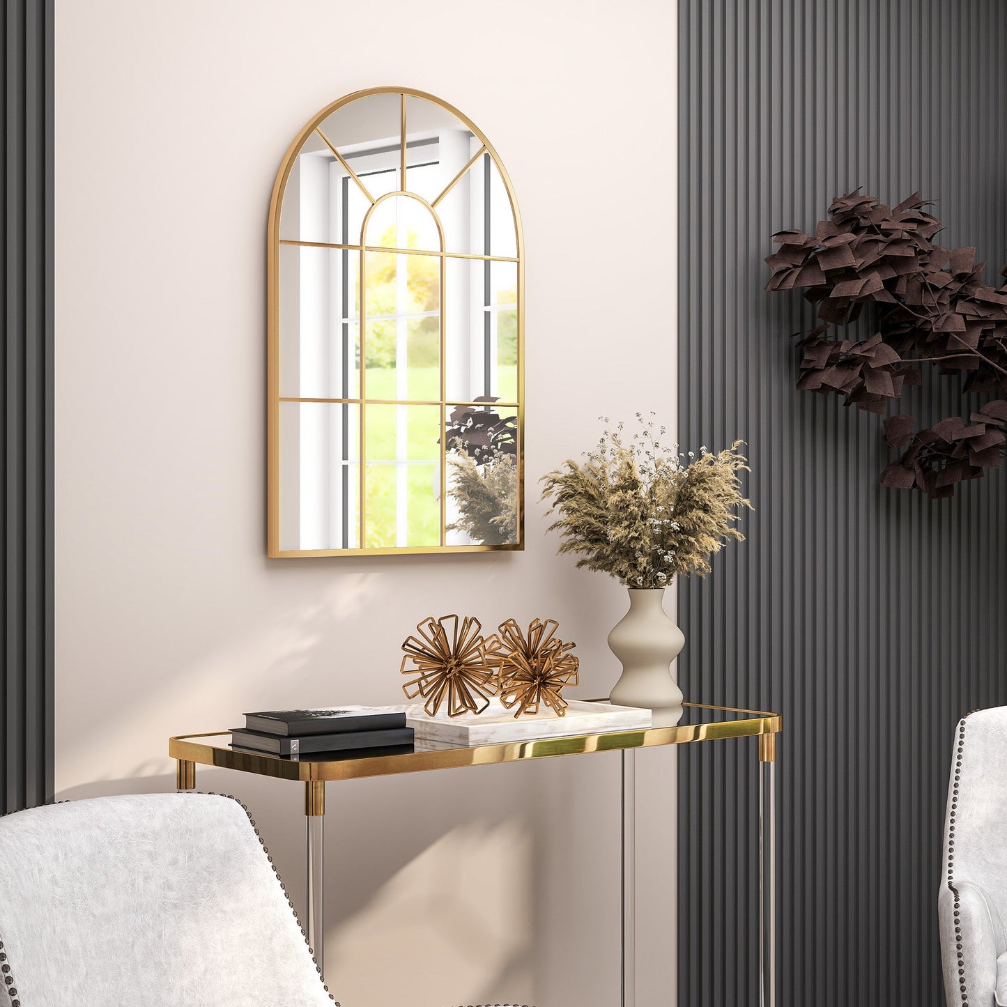 HOMCOM Modern Arched Window Wall Mirror for Bedroom, 91x60cm, Gold Tone