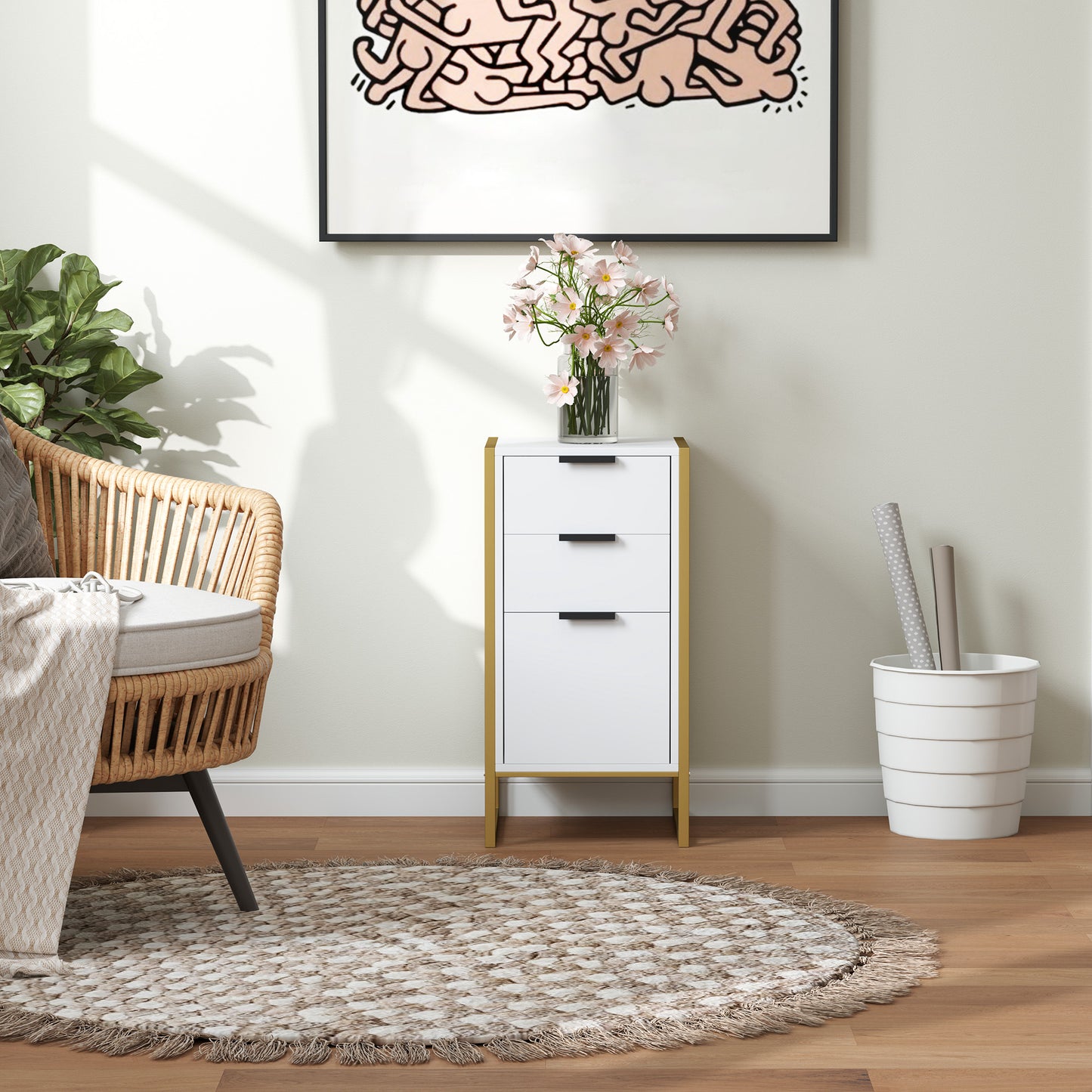 HOMCOM Industrial 3-Drawer Bedroom Chest of Drawers with Metal Frame, White