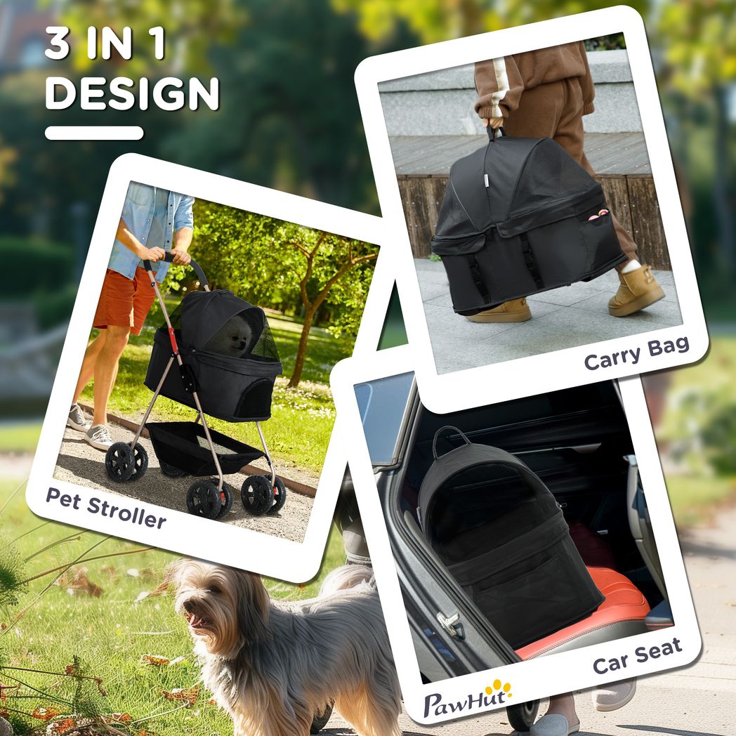 PawHut 3 in 1 Pet Stroller with Detachable Carrier for Mini Dogs