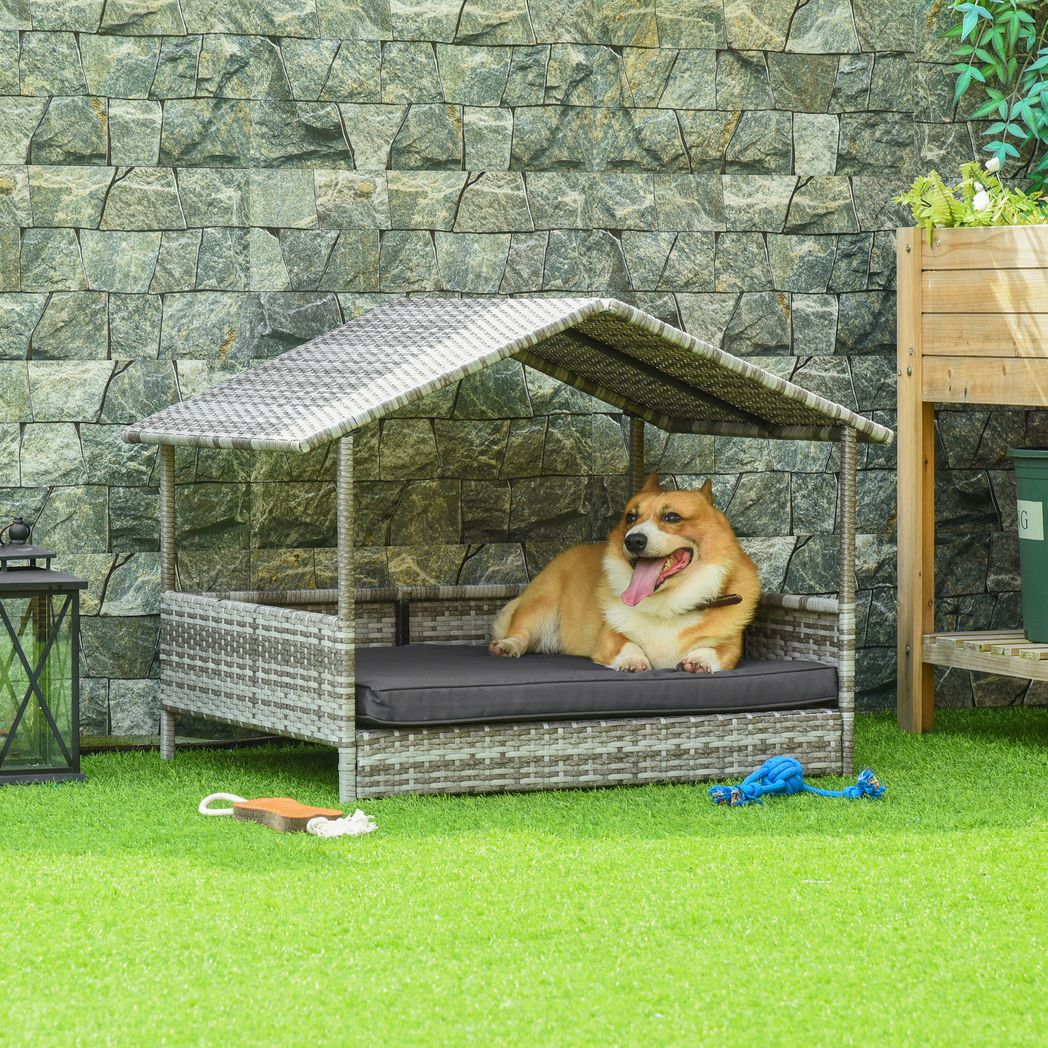 PawHut Wicker Dog House, Rattan Pet Bed with Soft Cushion