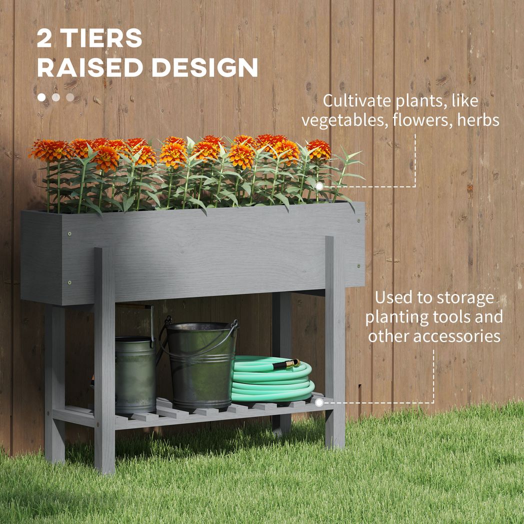 Outsunny Wooden Raised Bed w/ Bed Liner, Storage Shelf