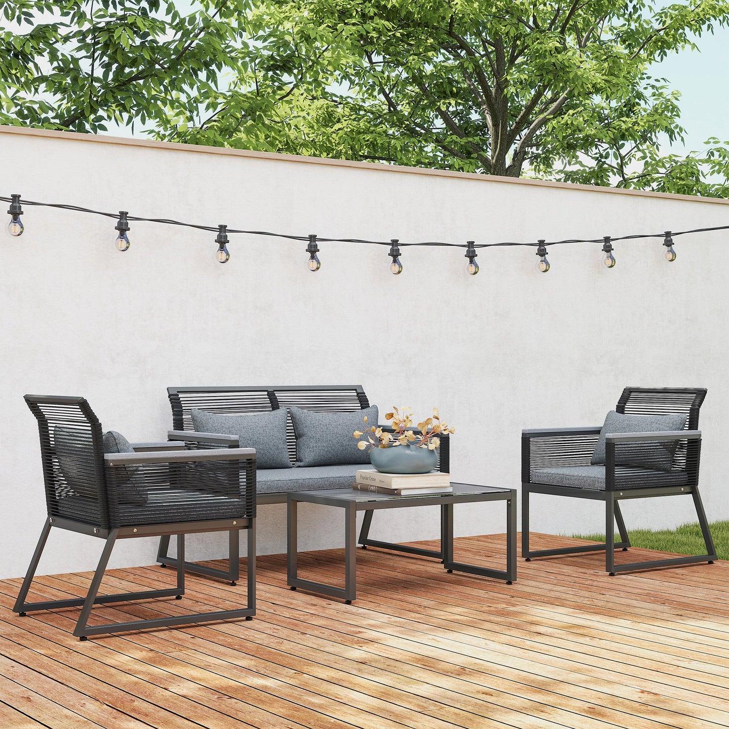 Outsunny 4 Pieces Rattan Garden Furniture Set for 4 Person, Charcoal Grey