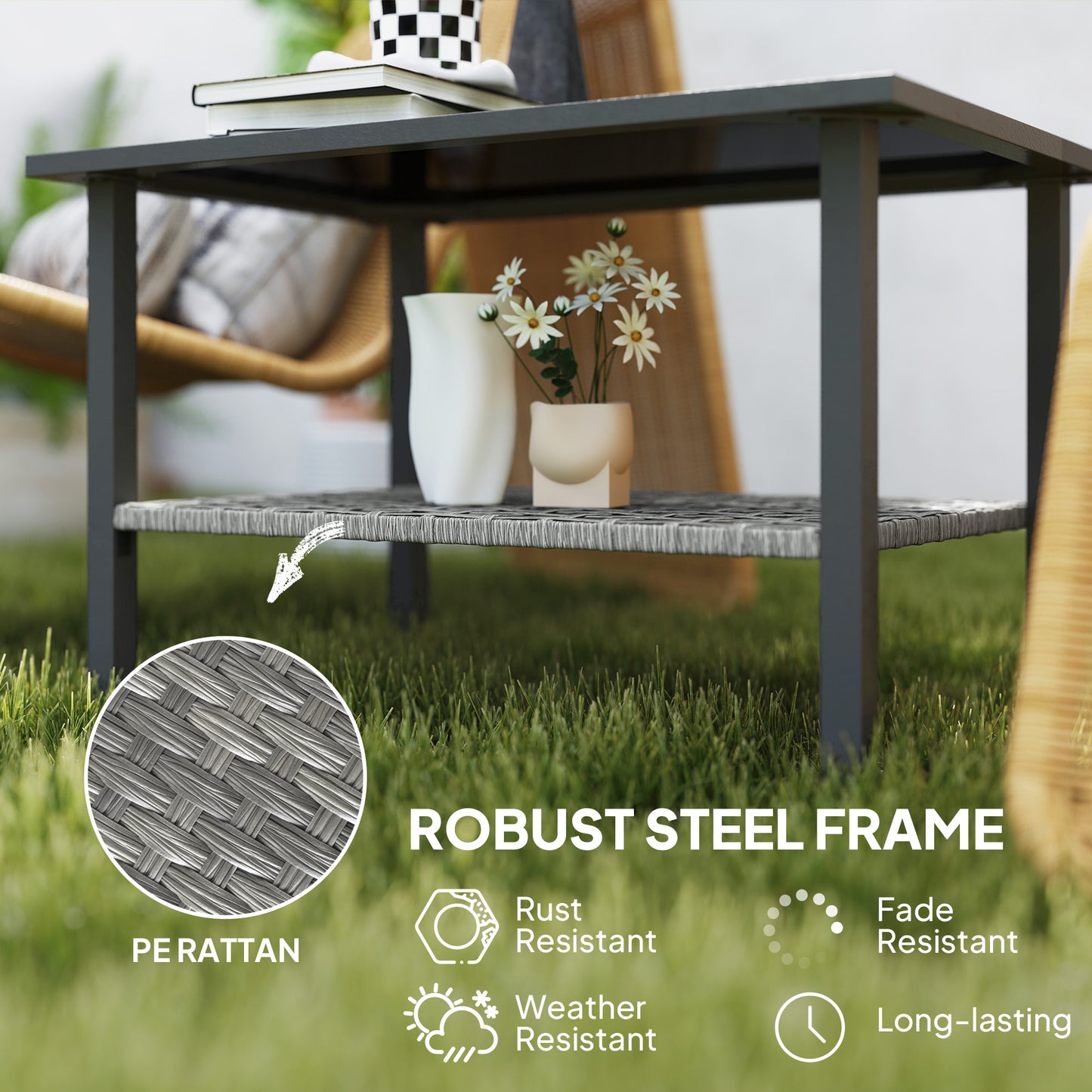 Outsunny Outdoor Rattan Coffee Table, Rectangular Tea Side Table, Mixed-grey