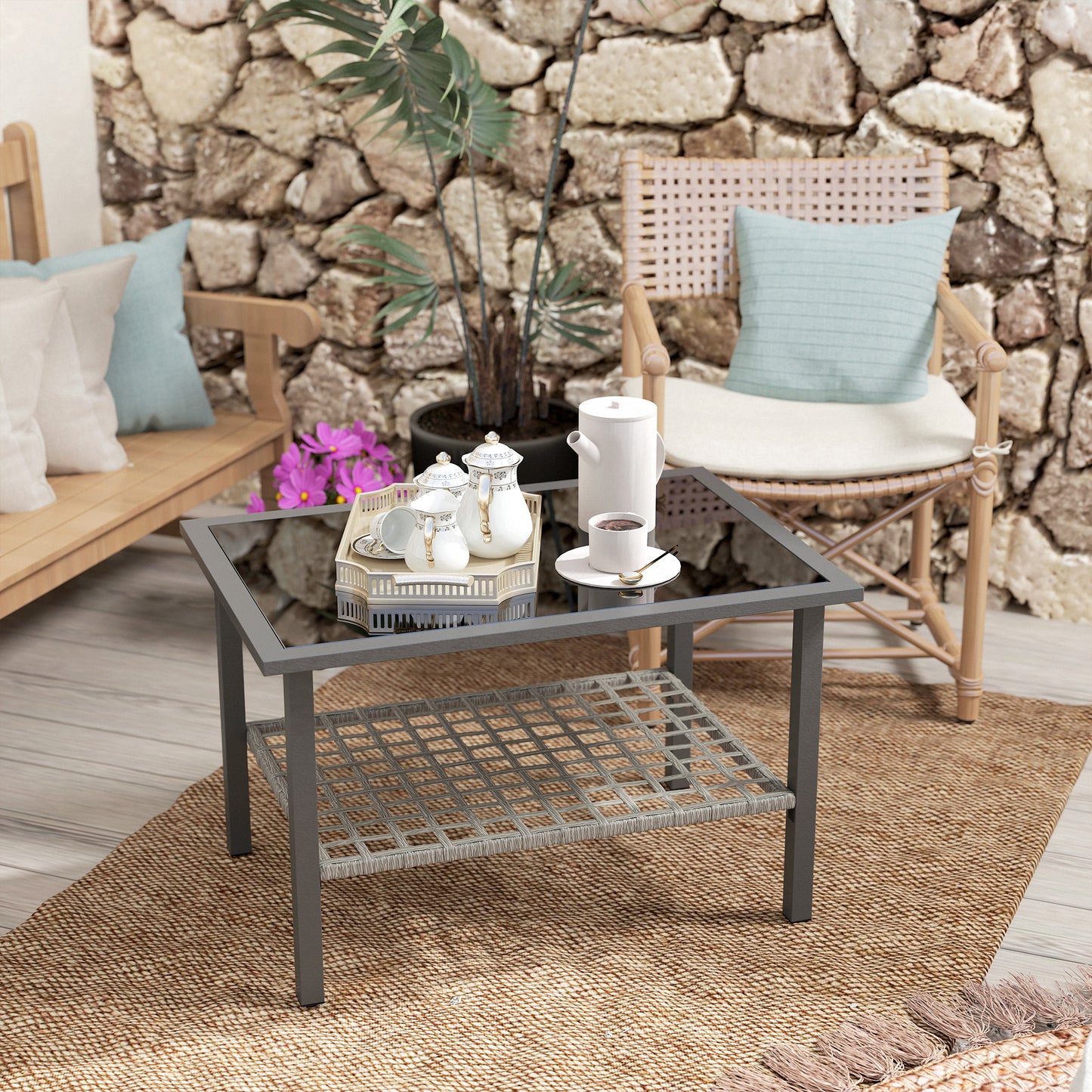 Outsunny Outdoor Rattan Coffee Table, Rectangular Tea Side Table, Mixed-grey