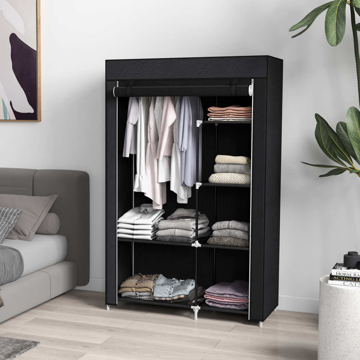 HOMCOM Fabric Wardrobe w/ Shelves Hanging Rail Foldable Closets