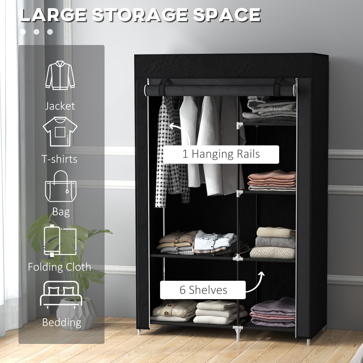 HOMCOM Fabric Wardrobe w/ Shelves Hanging Rail Foldable Closets