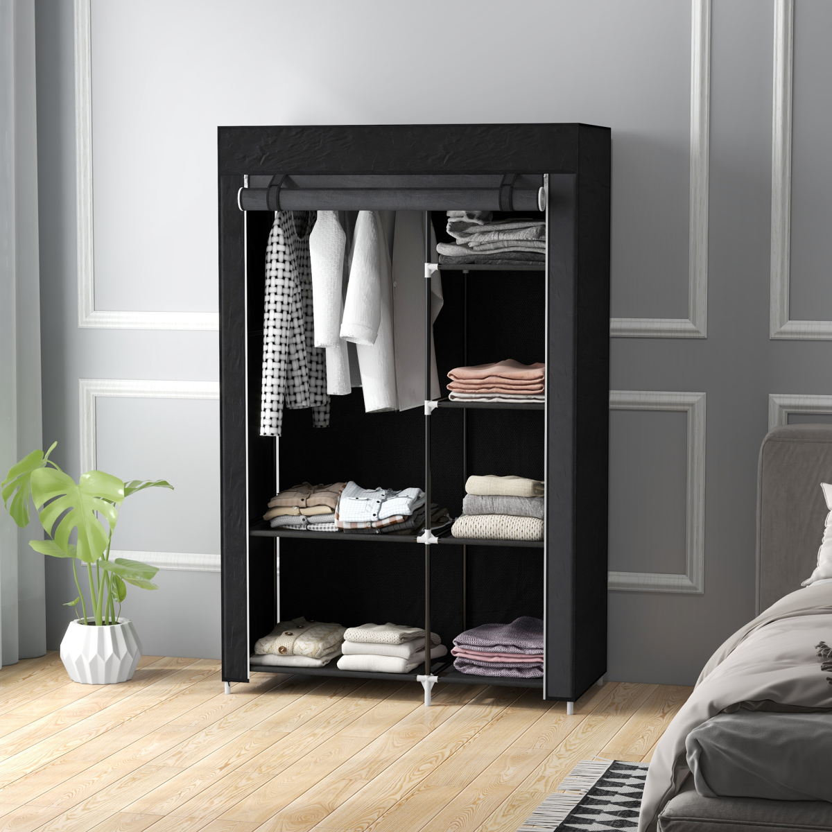 HOMCOM Fabric Wardrobe w/ Shelves Hanging Rail Foldable Closets