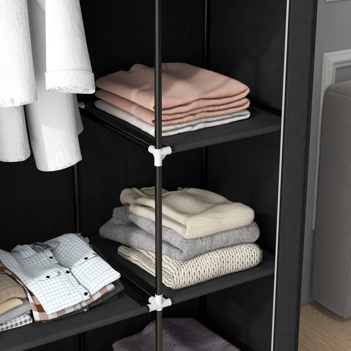 HOMCOM Fabric Wardrobe w/ Shelves Hanging Rail Foldable Closets