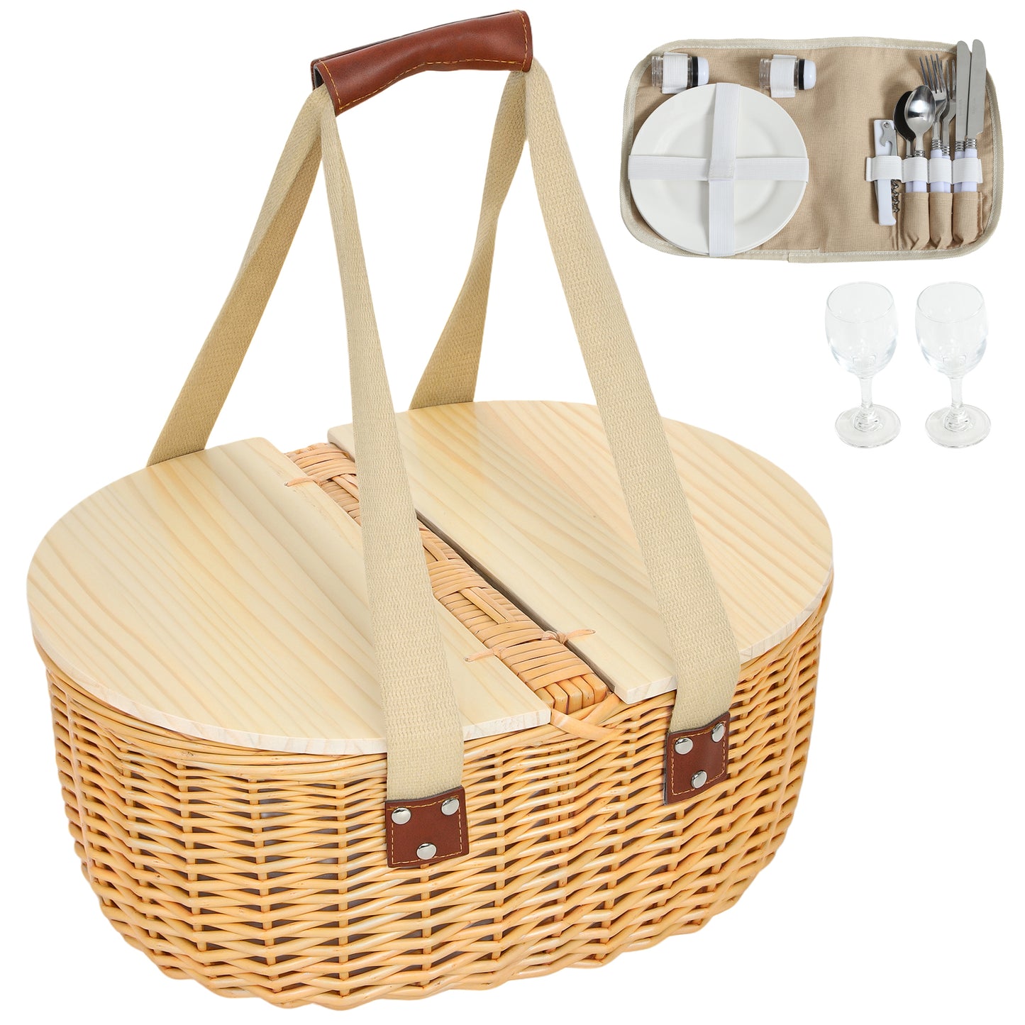 Outsunny Wicker Picnic Basket for 2 with Pine Wood Lid, Light Brown