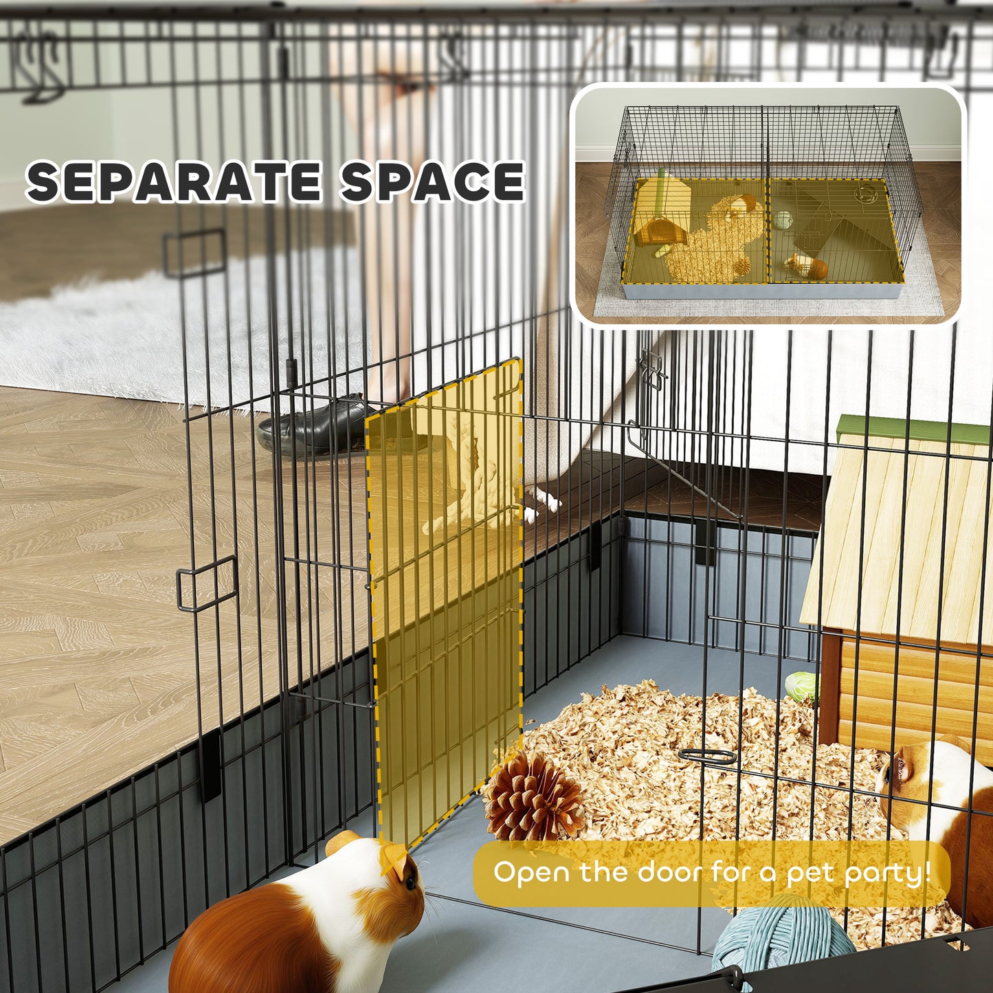 PawHut Guinea Pig Cage, 2 in 1 Rabbit Cage Pet Playpen for Hedgehogs, Black