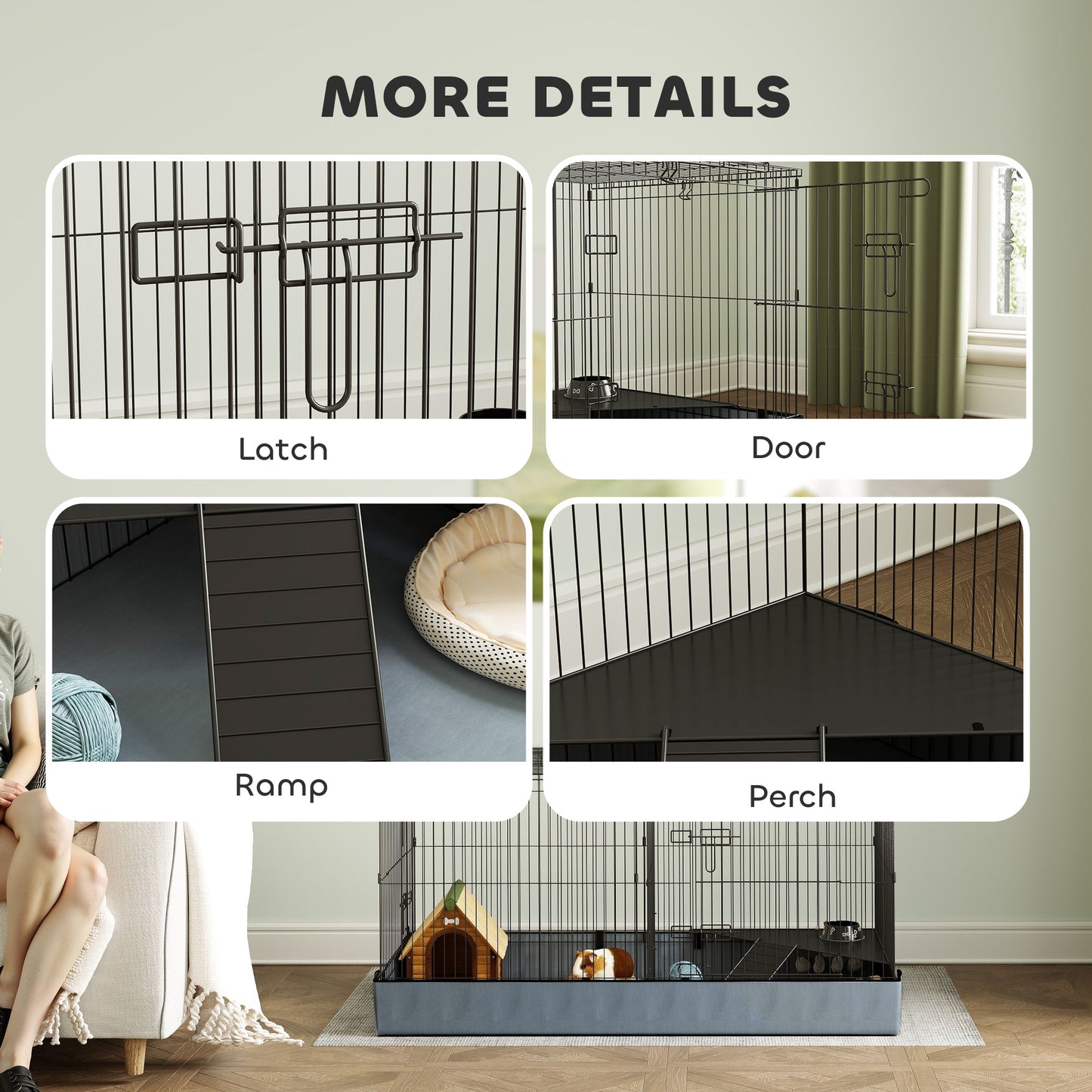 PawHut Guinea Pig Cage, 2 in 1 Rabbit Cage Pet Playpen for Hedgehogs, Black
