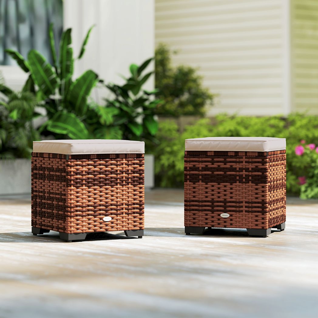 Outsunny Set of 2 Rattan Footstool, Storage Ottoman w/ Cushions