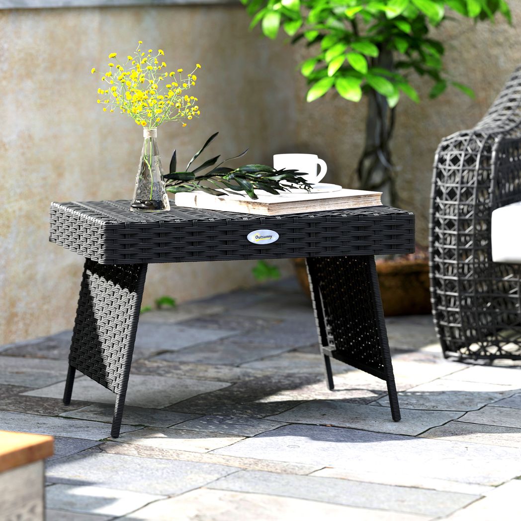 Outsunny Foldable Outdoor Coffee Table, Steel Frame Rattan Side Table