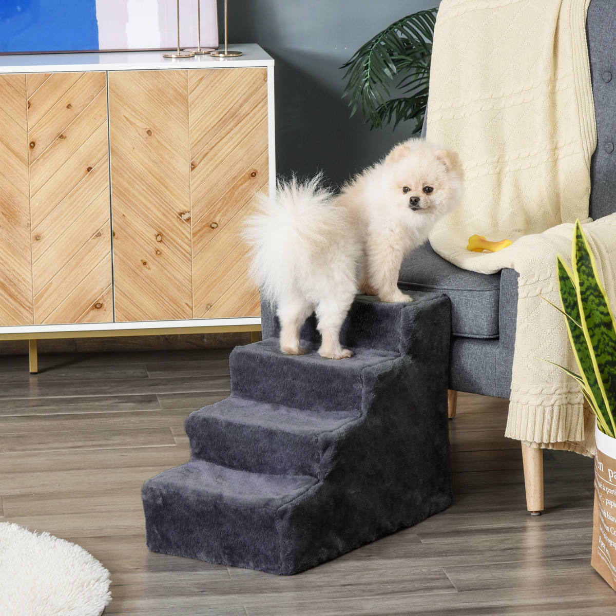 PawHut Four-Step Portable Dog Stairs with Washable Plush Cover